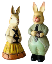 2 Bunny Rabbit Figurines Hand Painted Folk Art Man 10.75&quot; Lady 10&quot; Standing - £26.63 GBP