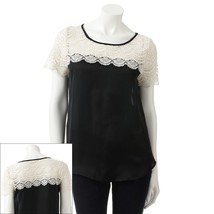 NWT LC Lauren Conrad Satin Lace Yoke Short Sleeve Top XS Black/white - £13.44 GBP