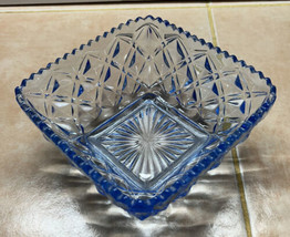 Vintage Imperial Glass Block Diamond Ice Blue Square Bowl Starburst Bottom - £27.46 GBP