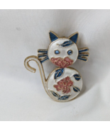 Enamel Cat Brooch Pin White Pink Blue Jewel Eyes 1.75 Inch - $19.95