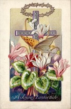 Easter Greeting Silver Cross Butterfly Embossed Flowers Postcard U17 - $5.95