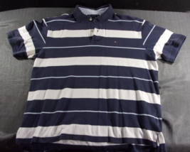 Discontinued Tommy Hilfiger Blue And White Striped Short Sleeve Polo Shirt Xl - $22.94