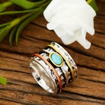 Boho Style Band Ring Inlaid Turquoise Vintage Style Finger Ring Size 9 - £19.29 GBP