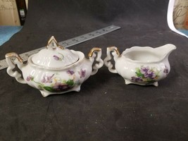 E.W. Princess China-Creamer &amp; Covered Sugar Bowl Violets &amp; Gold Gilding - £8.96 GBP