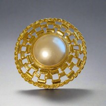 Vintage Gold-Tone Brooch with Faux Pearl Center – Mid Century Costume Je... - $8.91