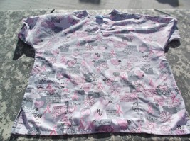 Scrub H.Q. White Gray Pink Cancer Ribbon Heart &amp; Floral Design Scrub Top... - £10.24 GBP