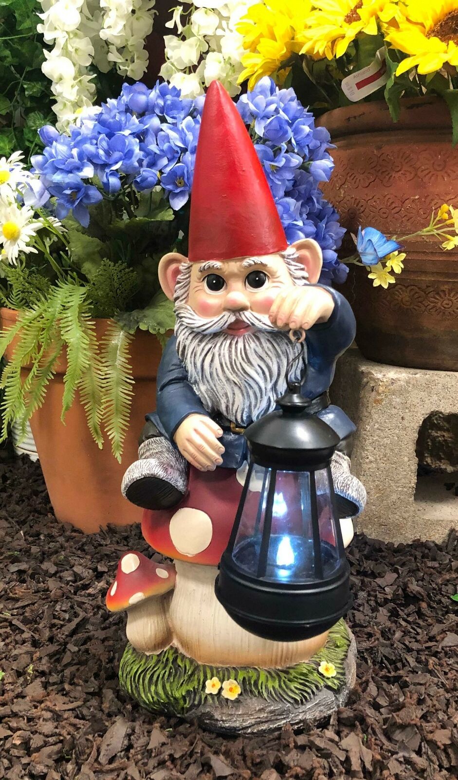 Large Whimsical Gnome On Toadstool Mushroom With Solar LED Lantern Light Statue