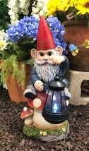 Large Whimsical Gnome On Toadstool Mushroom With Solar LED Lantern Light... - $69.99