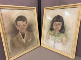 Pair of Signed Bonnie Tsach 1965 Framed Pastel Paintings of a Boy and Girl - £37.34 GBP