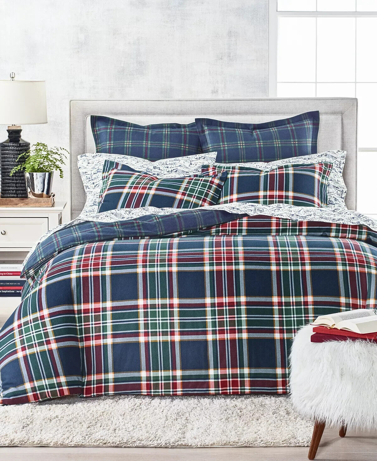Martha Stewart Navy Plaid Holiday Flannel Duvet Cover Set, Twin or Full/Queen - $159.99 - $229.99
