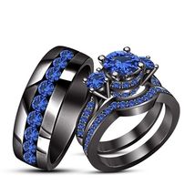 14k Black Gold Finish 2CT Blue Sapphire His &amp; Her Trio Wedding Band Ring Set - £67.24 GBP