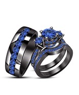 14k Black Gold Finish 2CT Blue Sapphire His &amp; Her Trio Wedding Band Ring... - $115.31 CAD