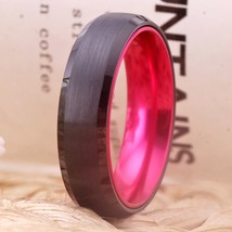 Rings For Women 6MM Wedding Ring Black Tungsten with Pink Aluminum Ring Tungsten - £28.43 GBP