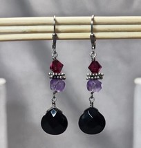 Sterling Silver Purple Fuchsia &amp; Black Faceted Beads Dangle Earrings Pierced 925 - £17.11 GBP