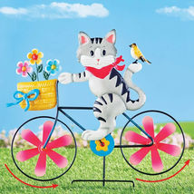 Grey Tabby Cat On Bike w/ Flowers In Basket Metal Garden Wind Spinner Stake - £68.00 GBP