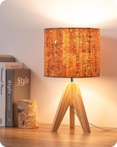Small Table Lamp Wooden Tripod Nightstand Lamp with Bark Linen Shade Rustic Beds - £43.32 GBP