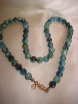 Vintage Blue Marbleized Bead Necklace Marked - $12.00