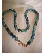 Vintage Blue Marbleized Bead Necklace Marked - £9.48 GBP