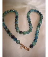 Vintage Blue Marbleized Bead Necklace Marked - $16.45 CAD
