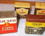 Vintage Crown Colony Spice Tins Lot of 4 Ginger Cumin Cinnamon and Cream... - $14.95