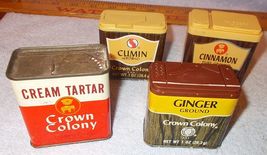 Vintage Crown Colony Spice Tins Lot of 4 Ginger Cumin Cinnamon and Cream... - £11.92 GBP