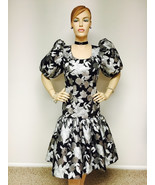 Women Knee Length Fishtail Silver Metallic Puffed Balloon Sleeves Dress - $149.00