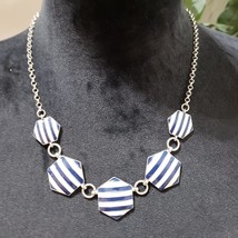 Womens Fashion Blue White Striped Pattern Statement Collar Necklace with Lobster - £18.19 GBP