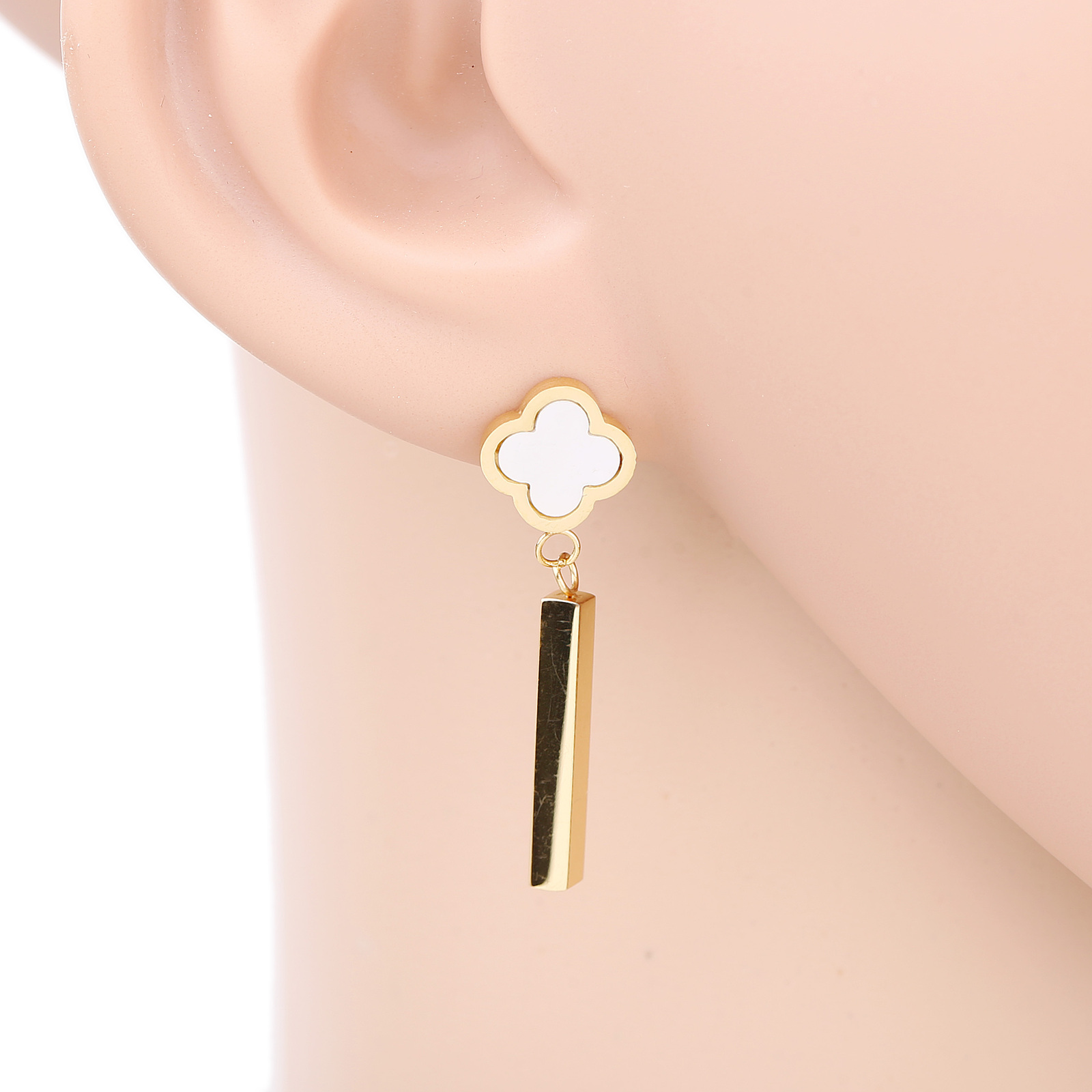 Gold Tone Earrings With Faux Mother of Pearl Clover & Dangling Bar