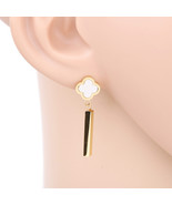 Gold Tone Earrings With Faux Mother of Pearl Clover &amp; Dangling Bar - $26.99