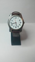 Mens Silver Brown Leather 91-775 Japan Stainless Retro Watch New Battery  - $11.87