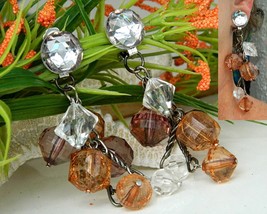 Vintage Dangle Clip On Earrings Cluster Crystal Glass Beads 4 Inches - £20.05 GBP