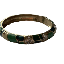 Green Enamel Bracelet Bangle Hinged Clamper Rhinestone Accents Wavy Cuff Vintage - £17.57 GBP