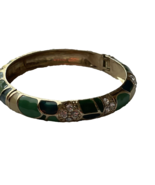 Green Enamel Bracelet Bangle Hinged Clamper Rhinestone Accents Wavy Cuff... - £17.30 GBP