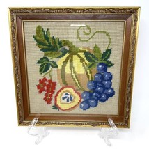 Needlepoint Fruit Wall Art Custom Frame VTG Handcrafted Cottagecore Granny Chic - £32.28 GBP