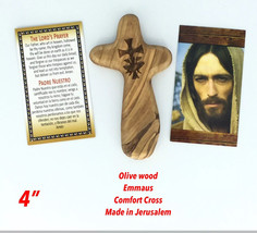 Olive Wood Comfort Cross Holding Cross engraved Emmaus Jerusalem Handmade - $9.78