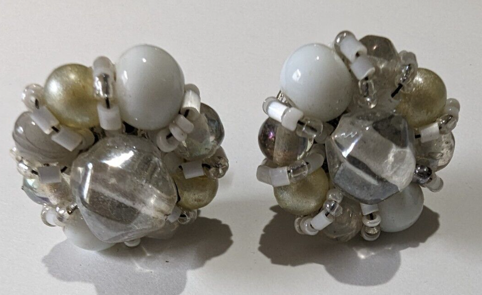 Carol For Eva Graham cluster Clip Earrings silverTone  white beads - $27.72