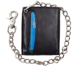 Genuine Leather Mens Trifold Biker Chain Wallet with RFID Blocking Black - $21.77