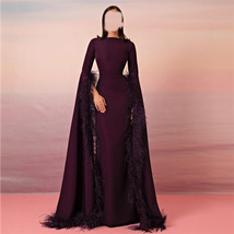 O-Neck Luxurious Long Sleeves with Ostrich Feather 2023 Purple Evening Dresses - £140.64 GBP