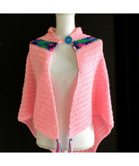 Vintage Knit Crochet Poncho Shawl Wrap Cape Triangle Boho Pink - $30.22