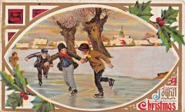 A Joyful CHRISTMAS-BOYS Ice Skating ~1909 Postcard - £8.35 GBP