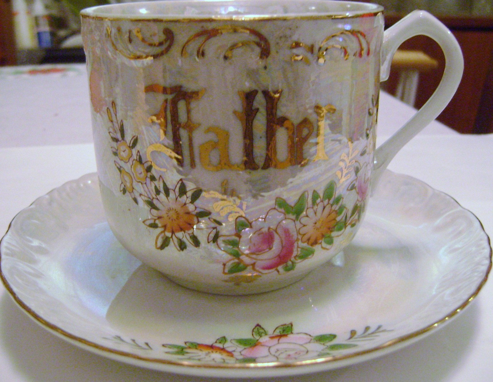 Large Luster Ware Father Cup and Saucer Set - $18.00