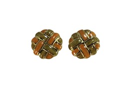 Vintage Chunky Clip On Earrings Woven Enamel Gold Tone Peach Green 54839 - £12.63 GBP