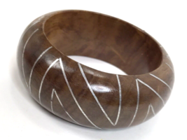 Vintage Bangle Bracelet Wood Geo Stripes Boho Tiki Tribal Chunky coconut girl - £7.72 GBP