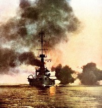 British Battleship In Action At Sea WW1 Color Print 1917 Dardanelles SmDwC4 - £27.53 GBP