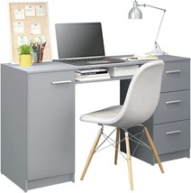 Madesa Home Office Computer Writing Desk With 3 Drawers, 1 Door, Textured Grey - £205.74 GBP