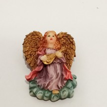 Angel Playing a Mandolin or Guitar Brooch Pin 2&quot; Religious Resin Gold Lavender - £11.67 GBP