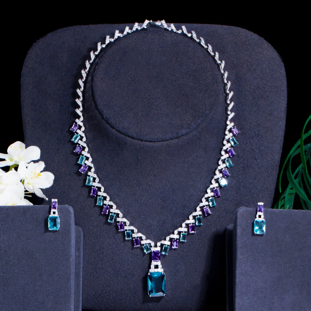 Fabulous Big Square Drop Necklace Earrings Blue Purple Crystal Wedding Party Cub - $55.88