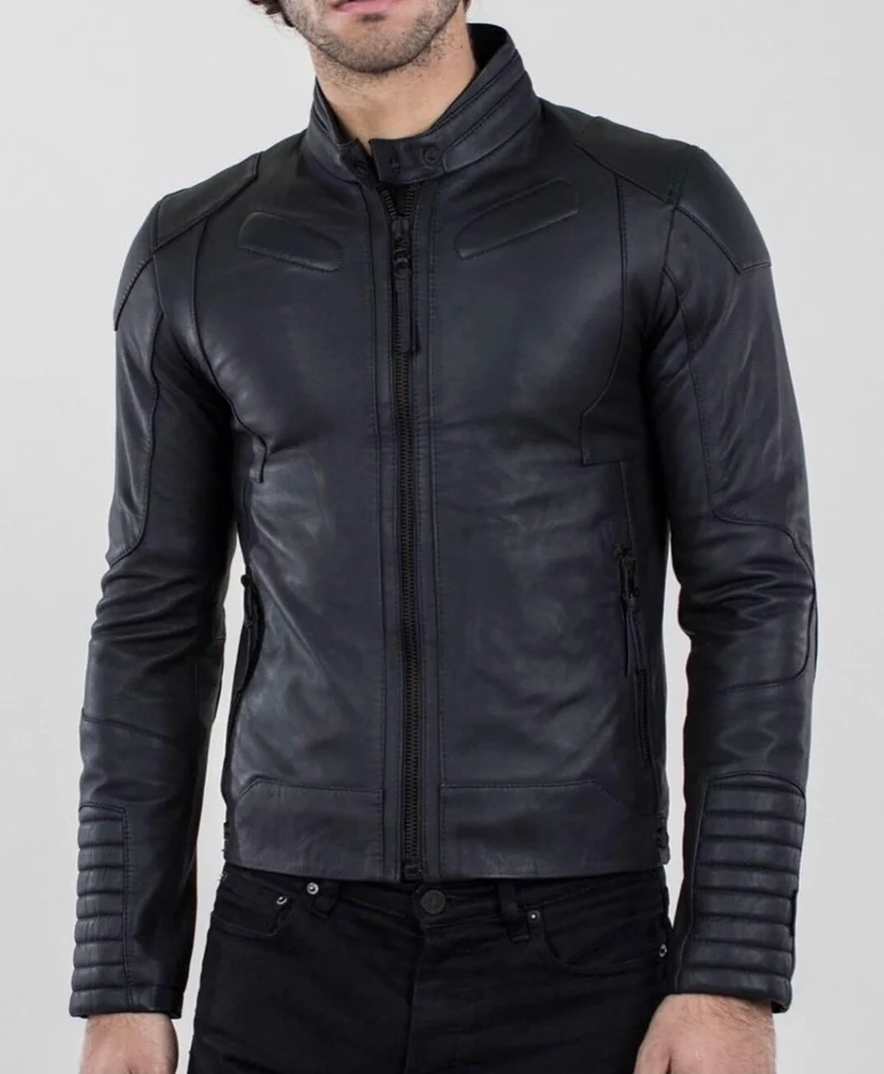 Men Black Vintage Style Slim Fit Motorcycle Racing Leather Jacket Genuine Cowhid - £143.85 GBP