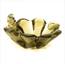 Vintage Green Olive Scalloped Rim Art Glass Candy Dish Bowl Ashtray Thick 7&quot; - £19.43 GBP