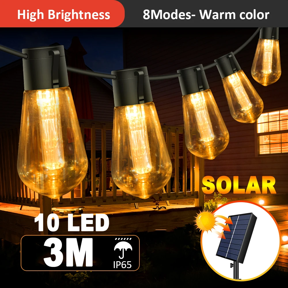 LED Solar String Lights IP65 Waterproof Outdoor adan Home Decoration Bulb Retro  - £125.87 GBP